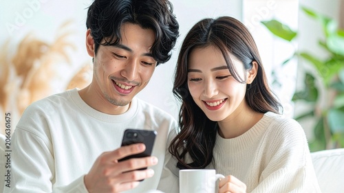 スマートフォンで資産チェックをする若い夫婦