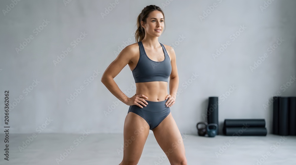 Fototapeta premium Fit young woman in gray athletic wear standing confidently with hands on hips, showcasing her toned physique in a minimalist gym setting with soft lighting