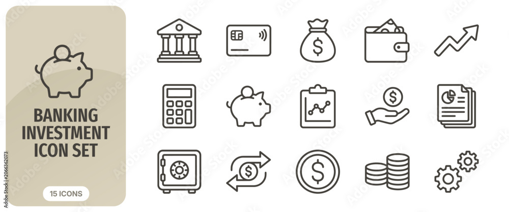 Εκτύπωση καμβά Banking and investment icon set, thin line style, finance, money, business, bank
