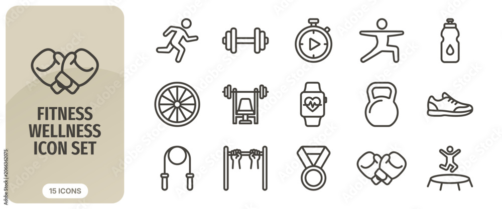 Fototapeta premium Fitness and wellness icon set, thin line style, vector illustration of various sports equipment and activities for healthy lifestyle