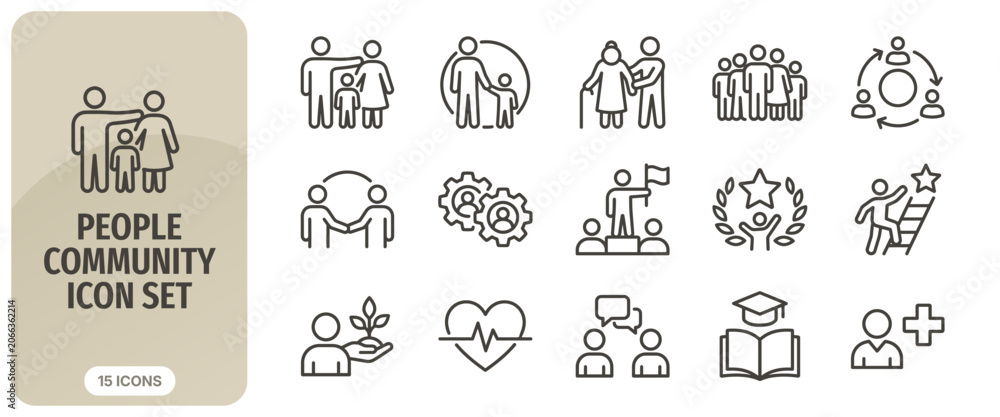 Fototapeta premium People and community icon set, linear style collection of social group, family, teamwork, leadership, education, and healthcare symbols