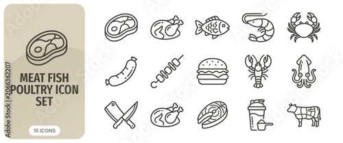 Fotografie Meat, fish, and poultry icon set collection of thin line icons for butcher shop,