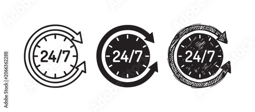 Obraz na plátně Three variations of a 24/7 service icon, showing a clock face with 24/7 text and circular arrows, depicted in outline, solid, and hand-drawn styles