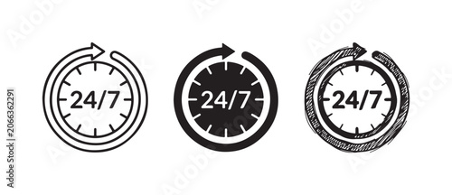24/7 Service Icon Set: Continuous Support Symbol with Clock and Circular Arrow in Outline, Solid, and Hand-drawn Styles