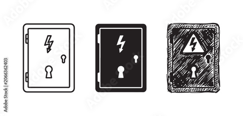 Foto Set of three electrical panel icons, depicting a fuse box with a lightning bolt
