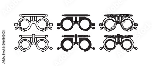 Tableau sur toile Set of six optometry trial frame icons in outline, solid, and hand-drawn styles
