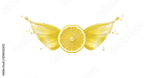 Distant shot of a lemon slice with symmetrical yellow juice wing splash behind it