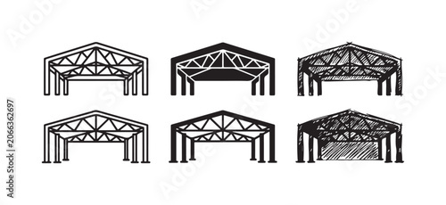 Bild auf Leinwand Warehouse or hangar building icons with gabled roofs and truss details, presented in outline, solid, and hand-drawn sketch styles