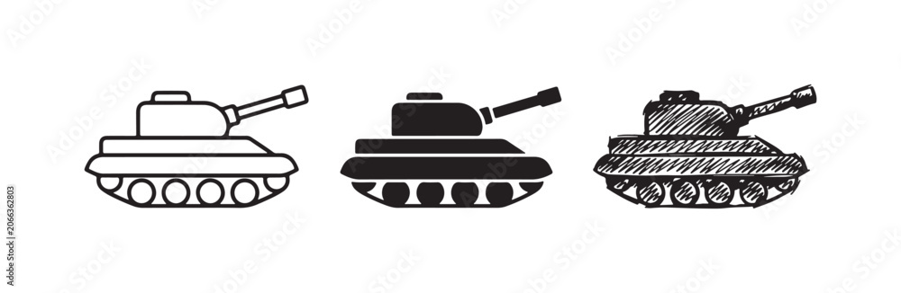 Fototapeta premium Three main battle tank icons in outline, solid, and hand-drawn styles, with the cannon pointing slightly upwards