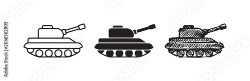 Fotografi Three main battle tank icons in outline, solid, and hand-drawn styles, with the