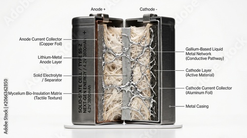 Cutaway lithium metal battery, labeled components, technical diagram, battery cross-section