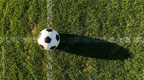 A classic black and white soccer ball rests on a vibrant green grass field with a white marking line, viewed from directly above under natural light.