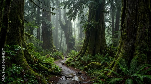 Sunlit Morning Forest Path Through Lush Green Woods with Ferns Moss and Scenic Natural Wilderness Landscape
