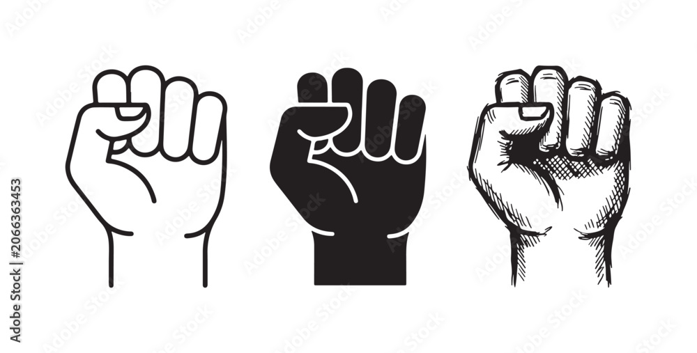 Fototapeta premium Set of three clenched fist icons, symbolizing power, protest, and solidarity in outline, solid, and hand-drawn sketch styles