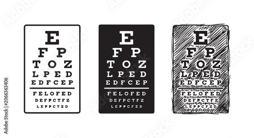 Foto Snellen eye chart icon set with outline, inverted solid, and hand-drawn doodle styles for visual acuity testing