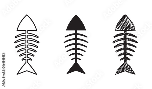 Photos Set of three fish skeleton icons, depicting fishbones in outline, solid, and han