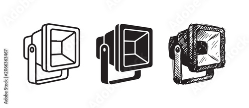 Photos Set of three spotlight icons, depicting a rectangular floodlight in outline, sol