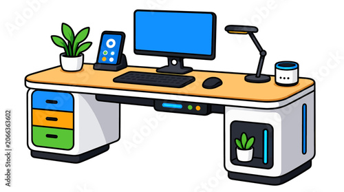 Computer workstation with office supplies.