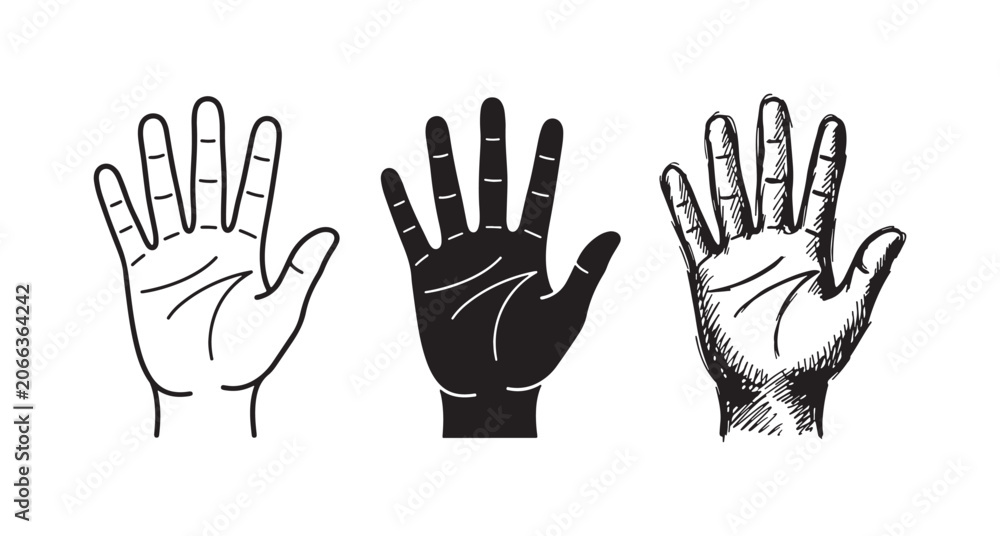 Fototapeta premium Palm Hand with Fortune Lines Icon Set: Outline, Solid Black, and Artistic Sketch