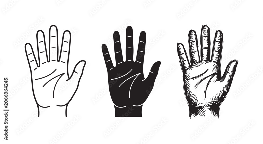 Fototapeta premium Human Palm with Life Lines Icon Collection: Outline, Solid, and Detailed Sketch
