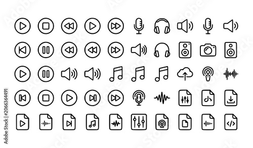 Modern multimedia icon collection monochrome vector audio and video symbols on white
