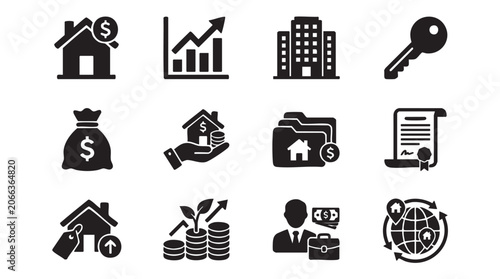 Real Estate, Finance, and Investment Icons, Black Vector Set, 12 Symbols for Business and Growth