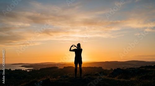 Silhouette of a person making a heart shape with their hands against a vibrant sunset over a scenic landscape with distant water.