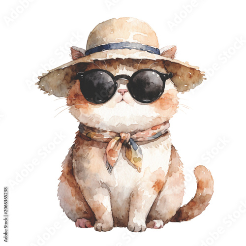 kawaii cat with tiny paws wearing a summer beach hat and black sunglasses vector background 
