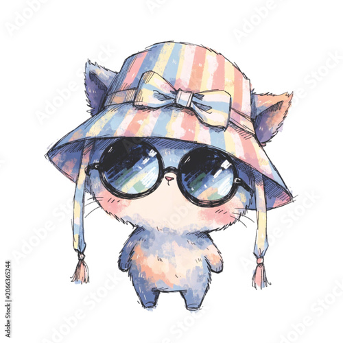 kawaii cat with tiny paws wearing a summer beach hat and black sunglasses vector background 
