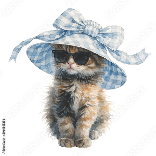 kawaii cat with tiny paws wearing a summer beach hat and black sunglasses vector background 

