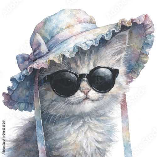 kawaii cat with tiny paws wearing a summer beach hat and black sunglasses vector background 
