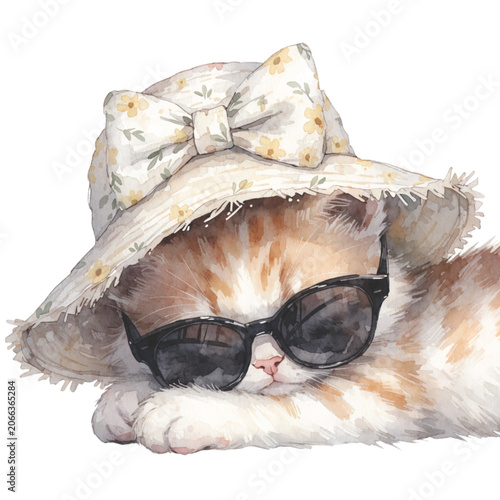 kawaii cat with tiny paws wearing a summer beach hat and black sunglasses vector background 
