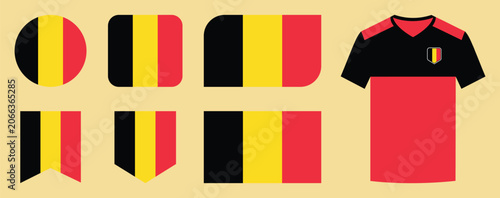 Belgium Flag Icon Set Collection with Circle, Square, Rounded Rectangle, Bookmark, Shield Badge and Football Jersey Vector Illustration Isolated on White Background