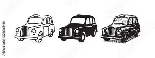 Foto London black cab icons in outline, solid, and hand-drawn sketch styles, representing classic British taxis and urban transportation