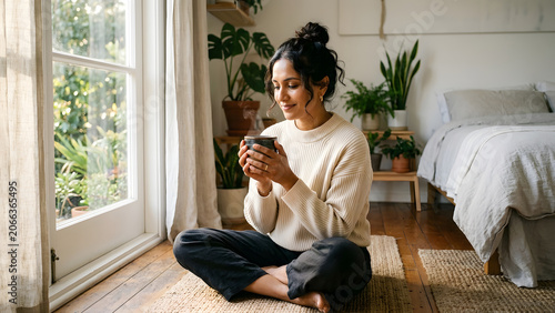 Young Woman Enjoying Morning Tea by Window in Cozy Bedroom