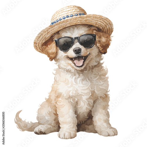 Cute fluffy puppy wearing a straw beach hat and black sunglasses vector background 