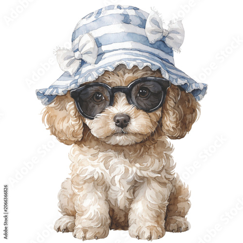 Cute fluffy puppy wearing a straw beach hat and black sunglasses vector background 