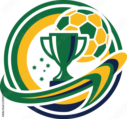 Soccer ball and trophy icon are integrated into a circular emblem with green, yellow, and blue colors.