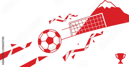Soccer ball flies toward a goal net situated near a mountain peak in a minimalist red and white illustration.