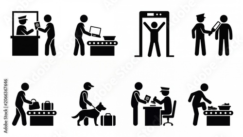Airport security and customs procedures pictogram set simple stick figure icons for international travel safety and regulatory information