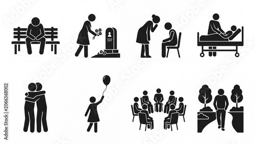 Vector icon set illustrating grief loss and emotional support depicting stages of mourning remembrance and coping
