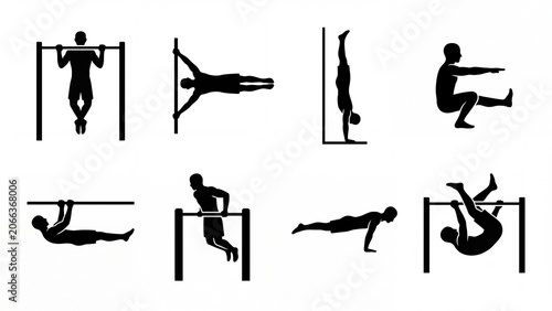 Set of calisthenics exercises silhouettes flat vector icons for fitness apps and workout guides isolated on white