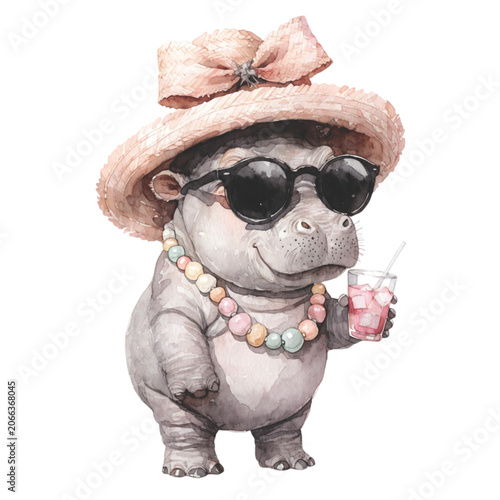 cute baby hippopotamus wearing a straw beach hat vector background