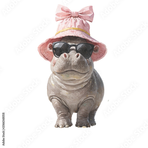 cute baby hippopotamus wearing a straw beach hat vector background