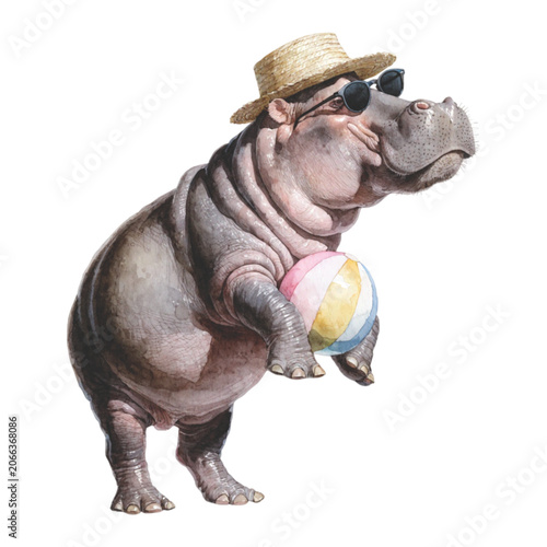 cute baby hippopotamus wearing a straw beach hat vector background