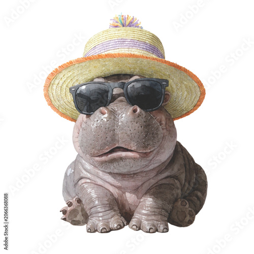cute baby hippopotamus wearing a straw beach hat vector background