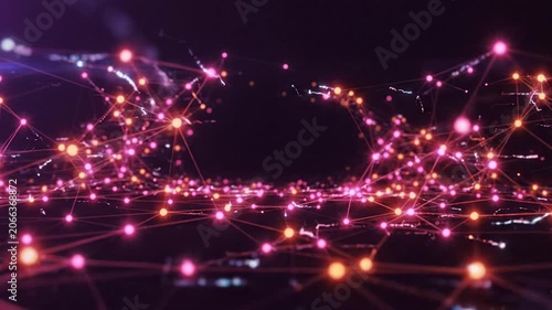 Abstract network of interconnected glowing pink and white nodes in darkness