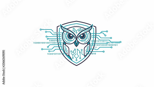 Owl shield logo with circuit board design.