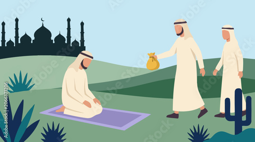 Bild auf Leinwand Islamic charity and prayer scene with men in traditional attire