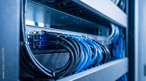 Slika na platnu Network server rack with blue ethernet cables connected